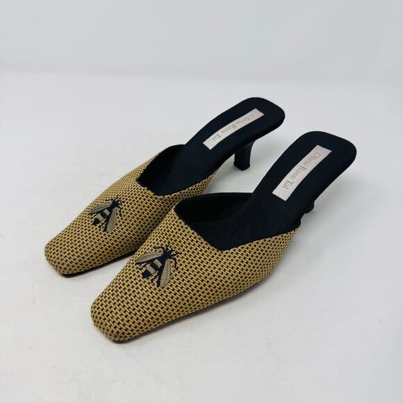 Vintage Olivia Rose Tal Bee Embroidered Bee Kitten Heel Mules Size 8 Square Toe - Picture 1 of 14